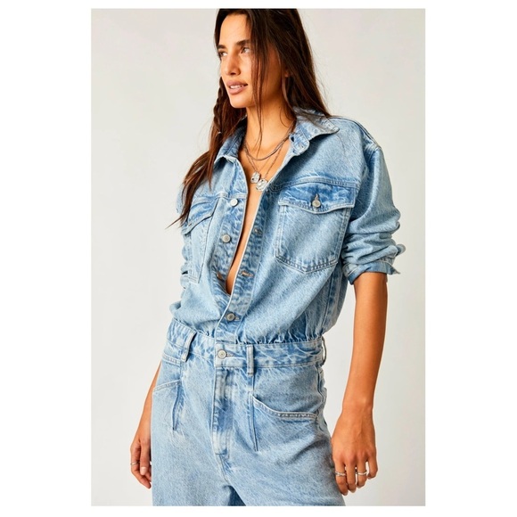 Free People | Touch The Sky One Piece Utility Inspired Denim Jumpsuit | XS - Picture 4 of 16